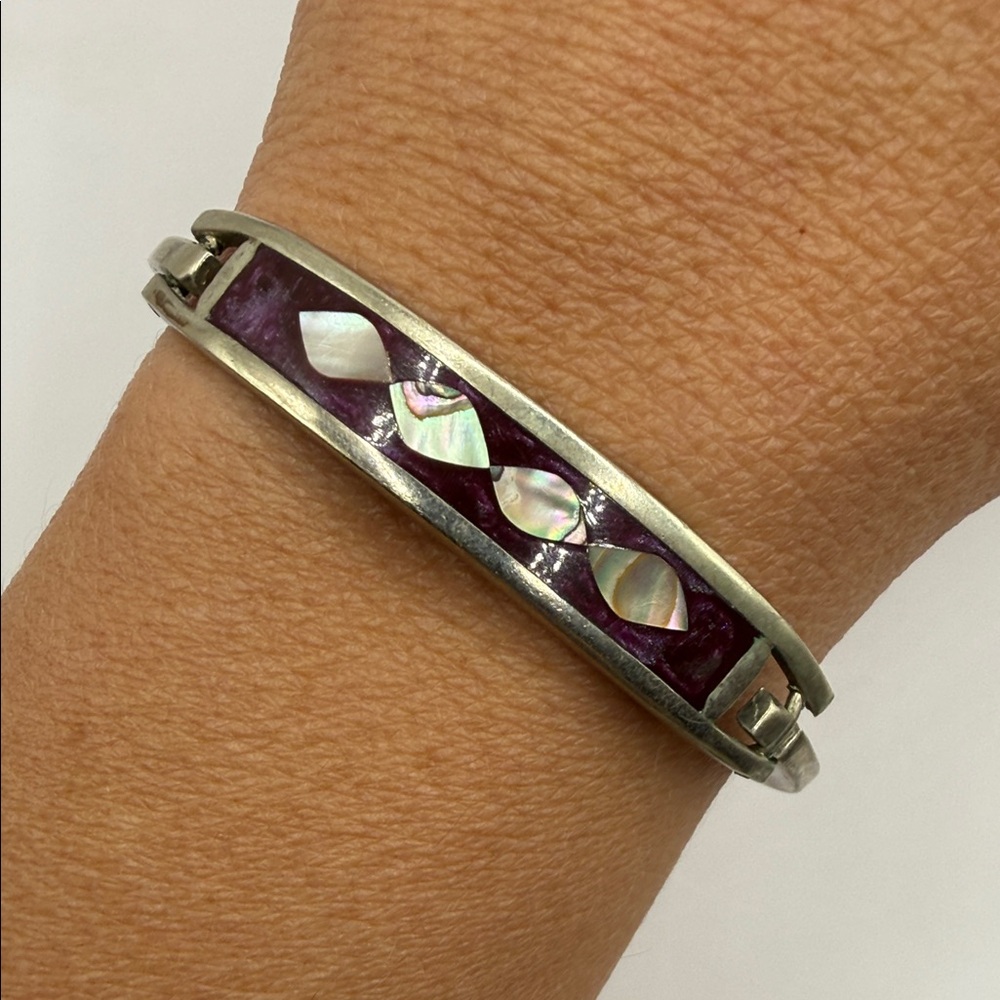 Vintage Alpaca Mexico Silver Purple Abalone Mother of Pearl Bangle Cuff Bracelet